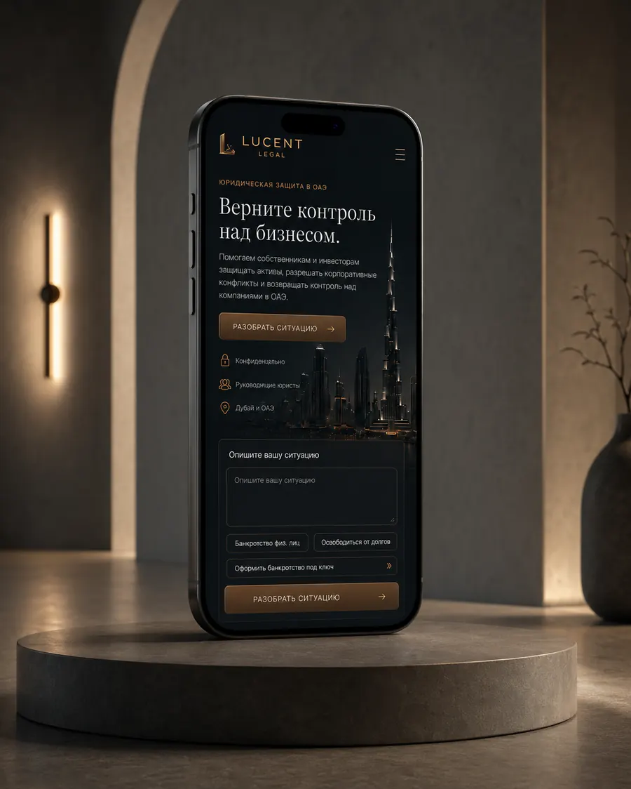 Lucent Legal, тёмная тема — мобильная версия крупным планом