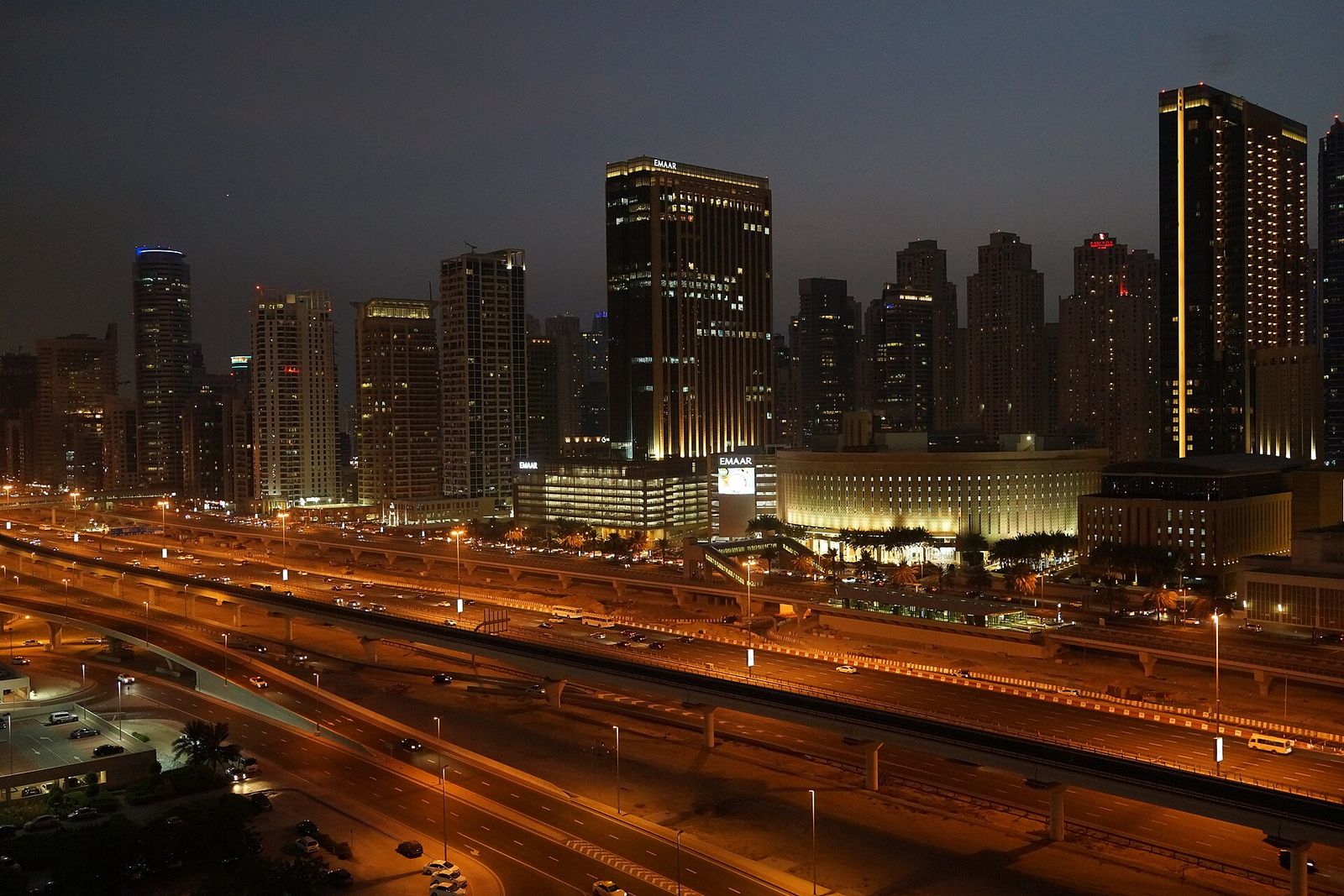 Sheikh Zayed Road and Dubai Marina at night